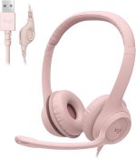 Logitech H390 Wired Headset for PC/Laptop, Stereo Headphones with Noise Cancelling Microphone, USB-A, in-Line Controls, Works with Chromebook - Rose